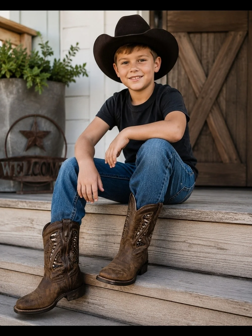 Ariat Youth Cowboy Boots US Size 3 Brown Leather Western Square Toe Flag Boots